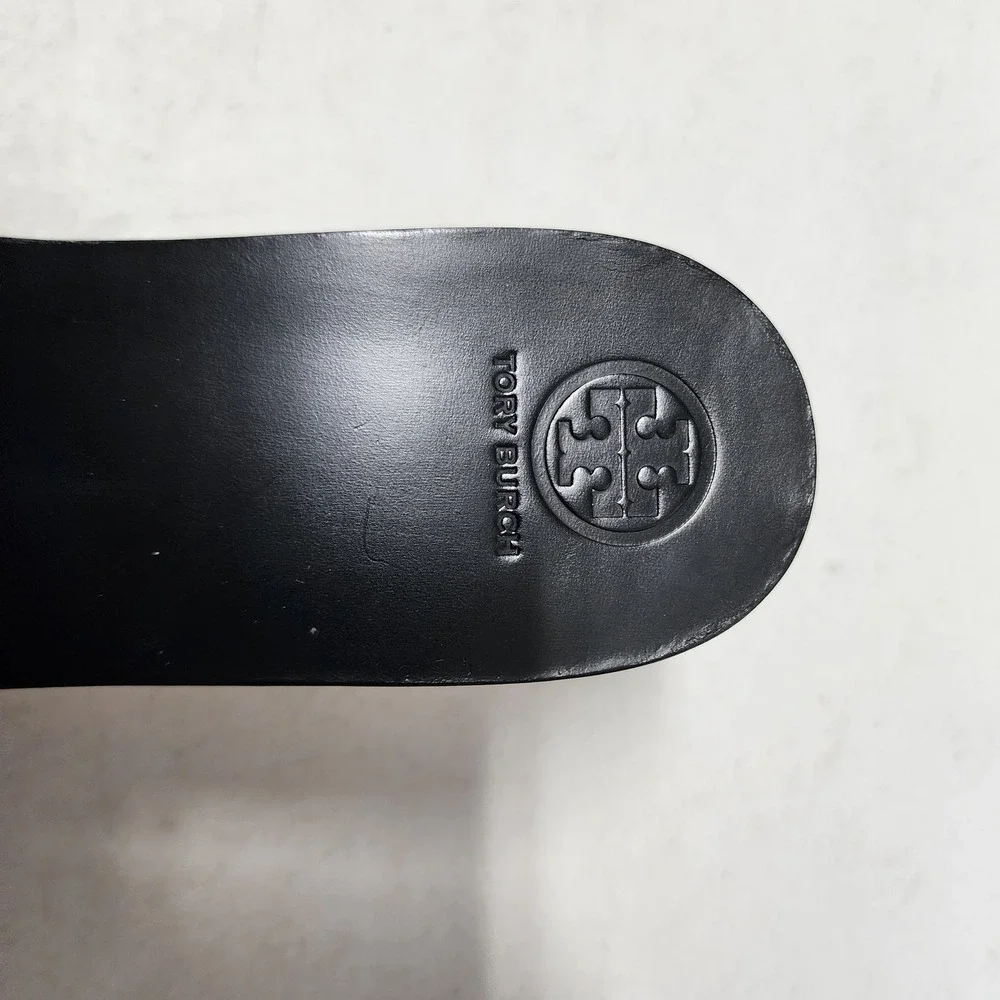 Tory Burch Ines Sandals Womens Size 9.5 Black Leather Wooden Wedge Platform